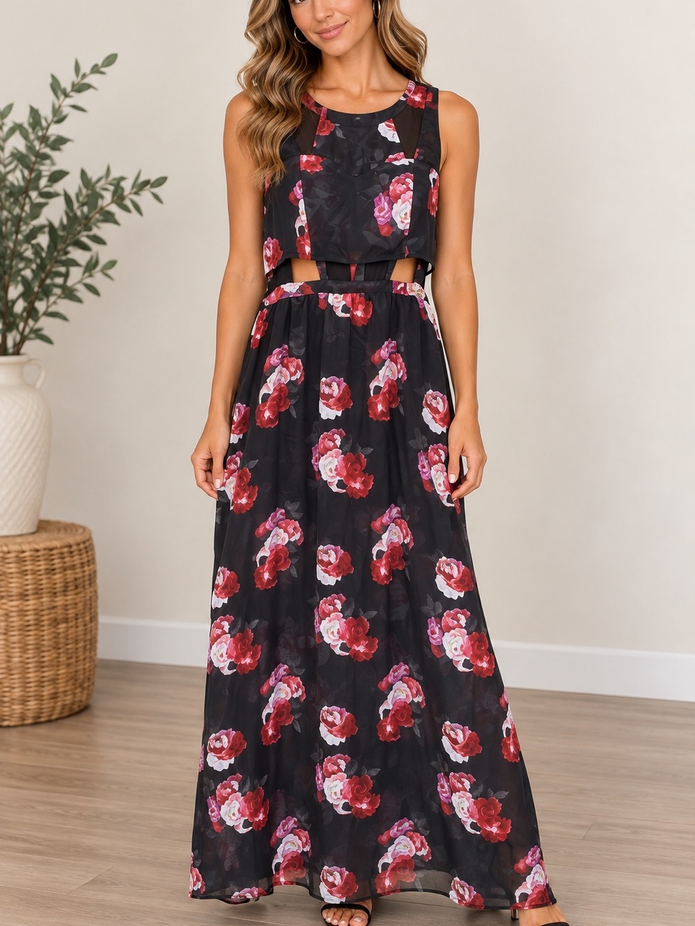 Divided Floral Maxi Dress With Cut-Outs